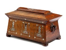 λ A WILLIAM IV ROSEWOOD AND MOTHER OF PEARL TEA CHEST