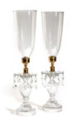 A PAIR OF CUT GLASS AND BRASS MOUNTED STORM LANTERNS