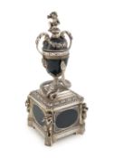 A late-19th century Austrian silver, enamel and bloodstone urn clock,