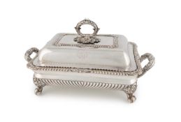 An Old Sheffield plated entrée dish and warming stand,