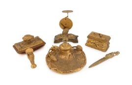 A late19th/early-20th French gilt-brass six-piece desk set,