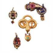 TWO VICTORIAN GOLD SNAKE BROOCHES WITH TWO VICTORIAN GOLD PENDANTS