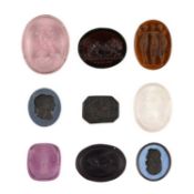SIX ASSORTED GLASS INTAGLIOS, A WEDGWOOD BASALT INTAGLIO AND TWO JASPERWARE INTAGLIOS