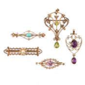 A GROUP OF FIVE EDWARDIAN GEM-SET BROOCHES