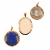 TWO 19TH CENTURY GOLD LOCKET PENDANTS AND A GOLD PLATED LOCKET PENDANT