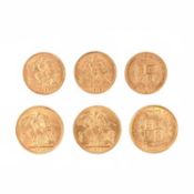 A COLLECTION OF THREE GOLD SOVEREIGNS AND THREE HALF SOVEREIGNS