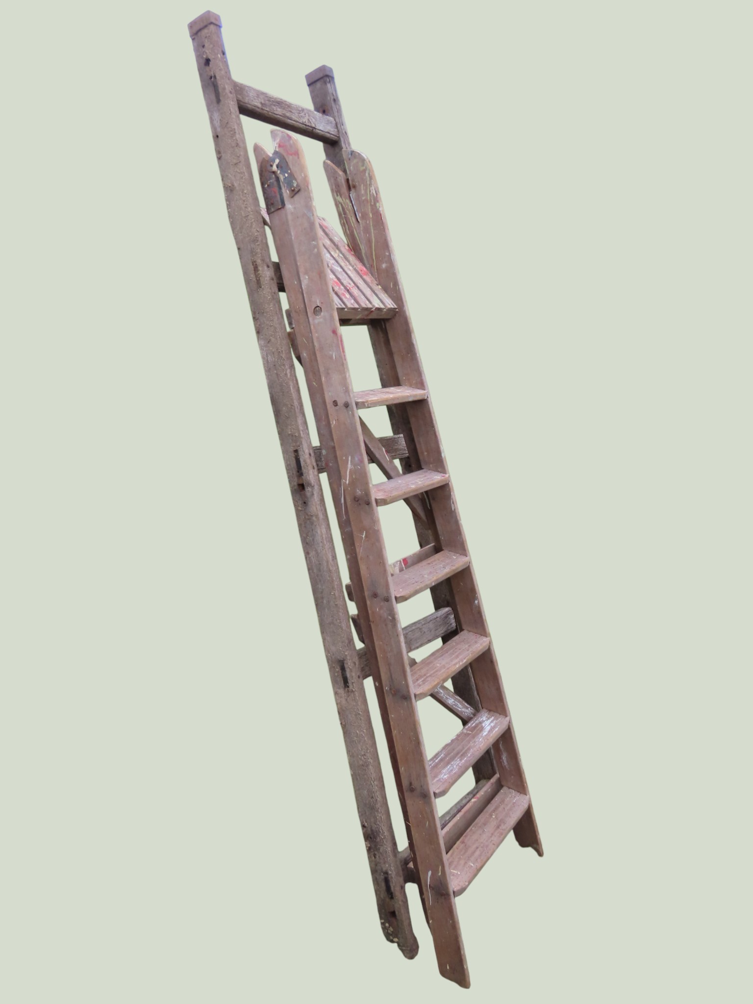 A vintage weathered oak five rung tapered ladder, 222 cm high together ...
