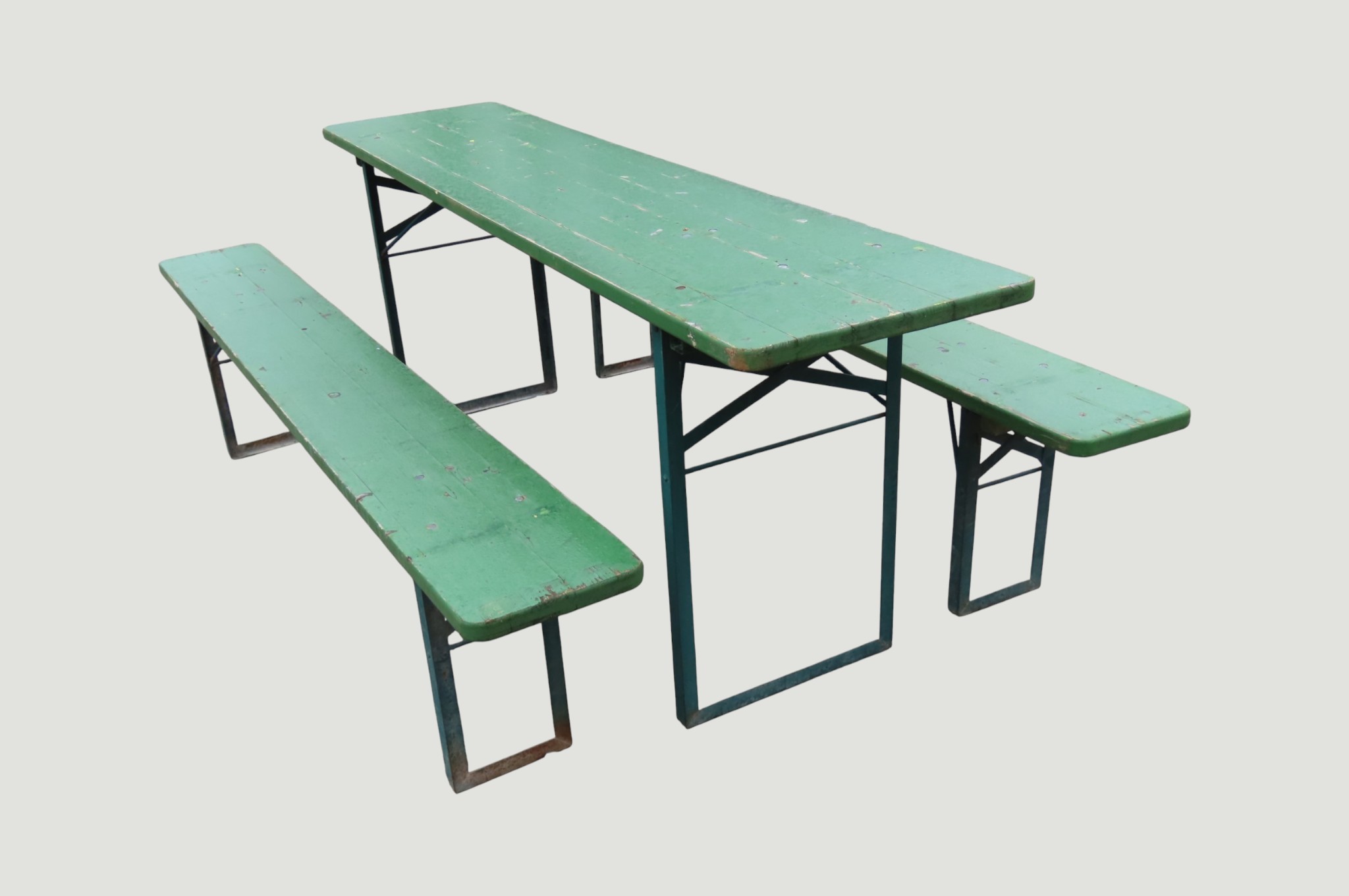 A green painted and weathered German beer hall table with wooden top ...