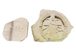 A hand carved limestone panel/fragment depicting a Saint and fishes within a Celtic knot border,