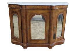 A Victorian inlaid walnut credenza with shaped marble top over an enclosed by three arched mirror