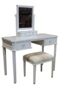 A modern painted and distressed dressing table with associated mirror and stool (3)