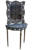 A mid 20th century demi-lune console table with faux marble top gilt finish and applied porcelain