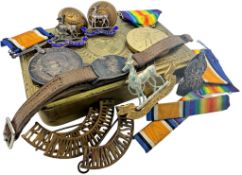 A pair of WWI military medals; 241030 PTE. J. L. STAFFORD. R. WAR. R., together with a silver and