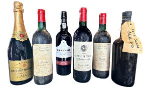 A collection of six bottles of various port, wine and champagne to include Alfred Rothschild 1998,