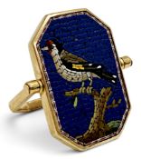 An 18-carat gold ring set with a signed and dated Roman polychrome glass micro mosaic on copper