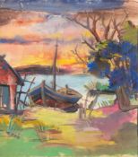 Oskar Gawell (Chawlodno 1888 - Wien 1955). Boot am Ufer - Häuser am Fluss.
