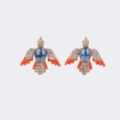 Paar Saphir Diamant Ohrstecker mit Koralle 'Vögel'.