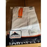 10 X NEW PACKAGED PORTWEST STRETCH COMBAT TROUSERS. WHITE. SIZE 36" (LOC: 4.7-ZB110)