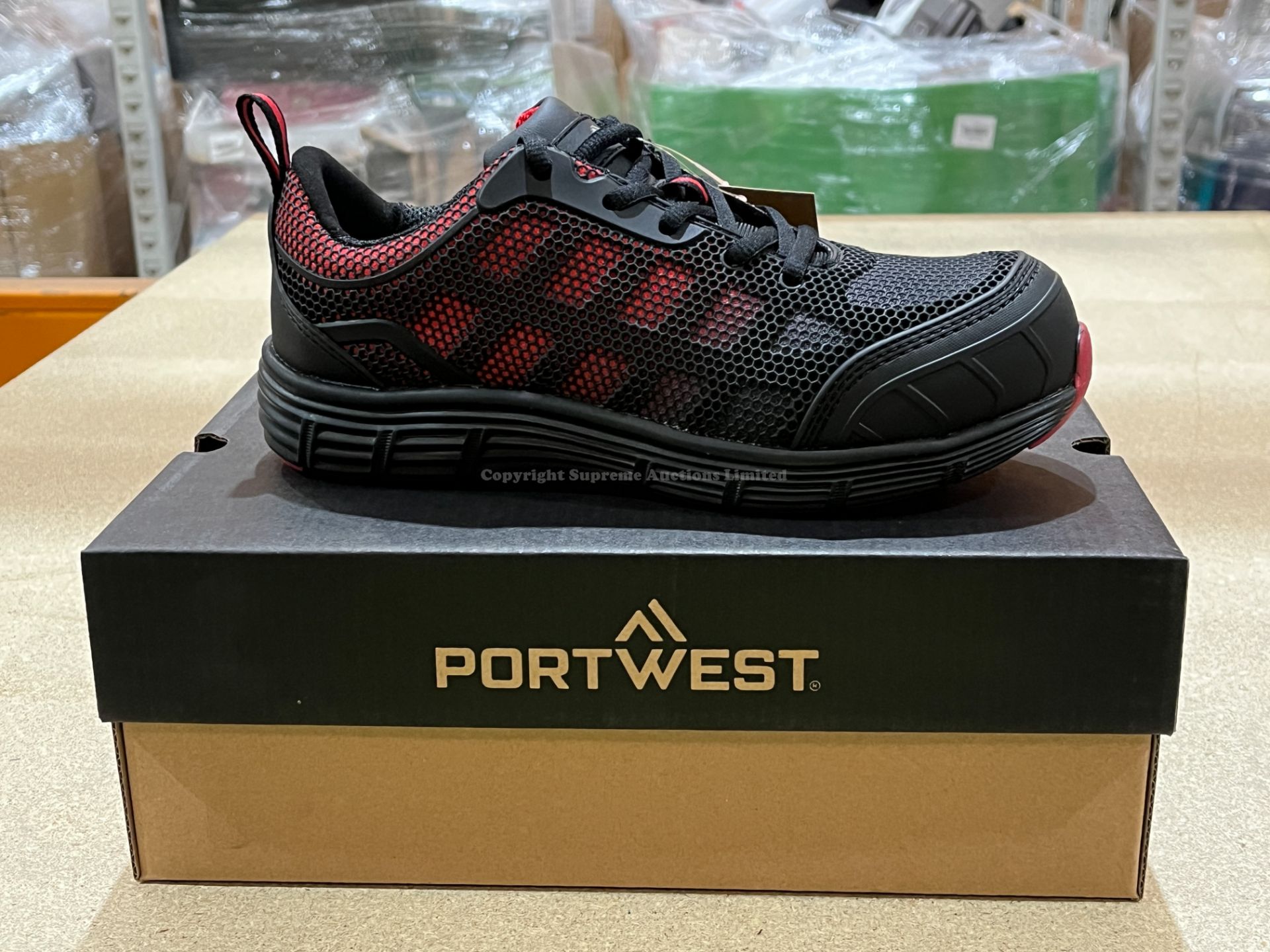 6x BRAND NEW & PACKAGED PORTWEST FT35 Compositelite Ogwen Trainers - BLACK/RED - SIZE 6.5. (LOC: