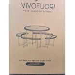 2 X New and Boxed Vivofuori 37" Round Picnic Table Set. 95*74cm (Table). 80*20*45cm (Bench). 4-8