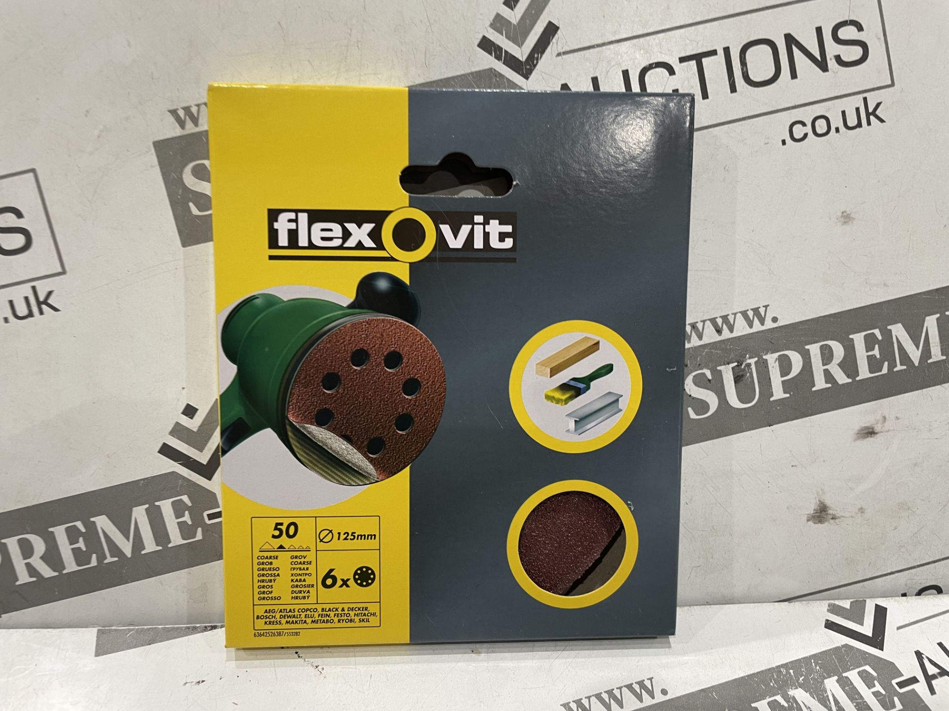 100 X BRAND NEW PACKS OF 6 FLEXOVIT 125MM 50 GRIT SANDING DISCS (LOC: 18.18-AA4068)