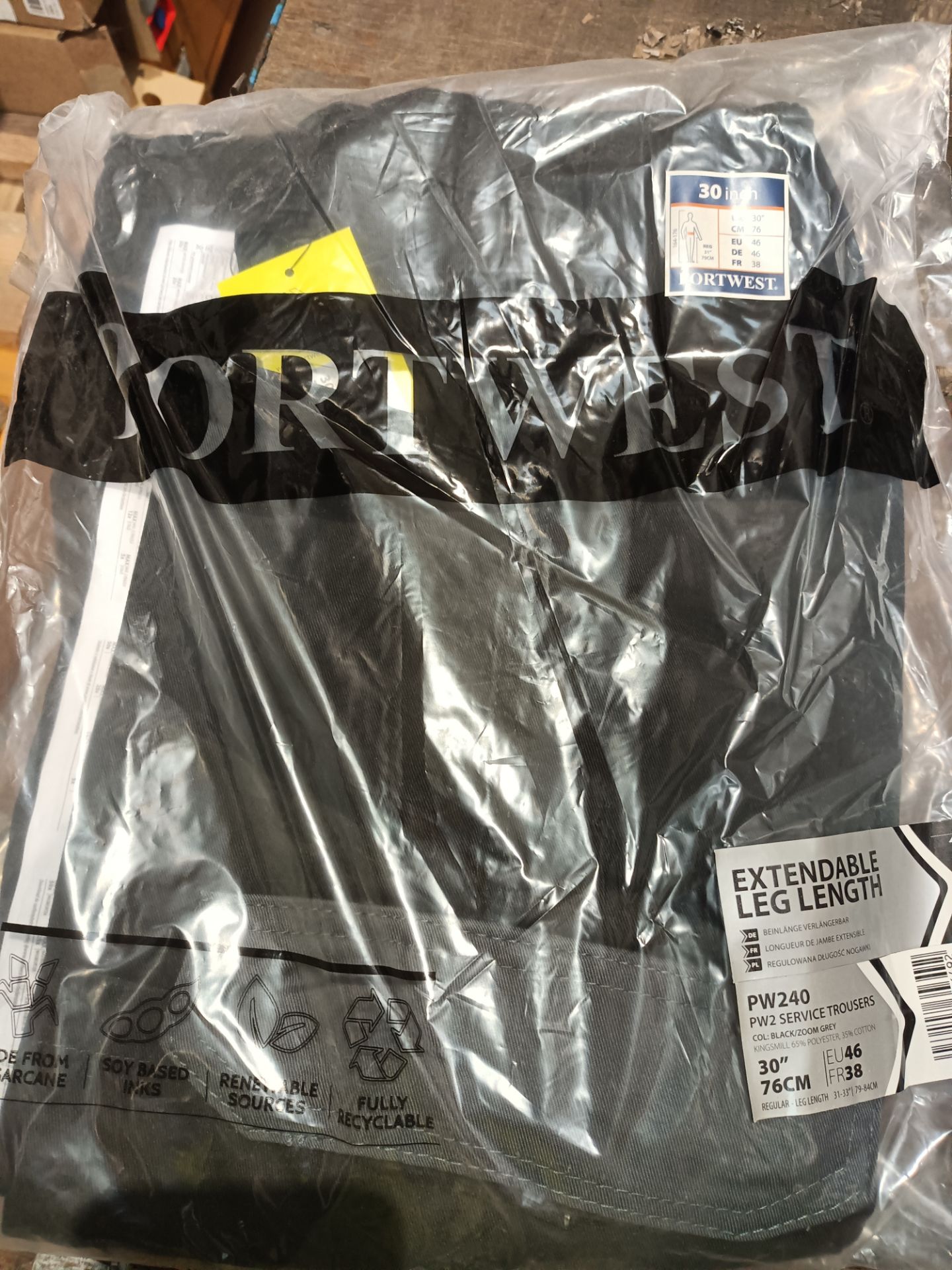 14 X PORTWEST PW240 PW2 SERVICE TROUSERS IN BLACK WITH ZOOM GREY ACCENTS, WAIST 30? (76?CM), ARE