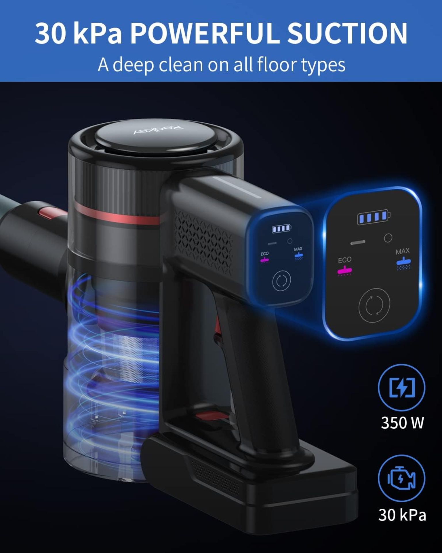 BOXED Redkey Stick Vacuum Cleaner Cordless 30Kpa, 8 in 1 Cordless Vacuum 350W, Double HEPA - Image 3 of 5