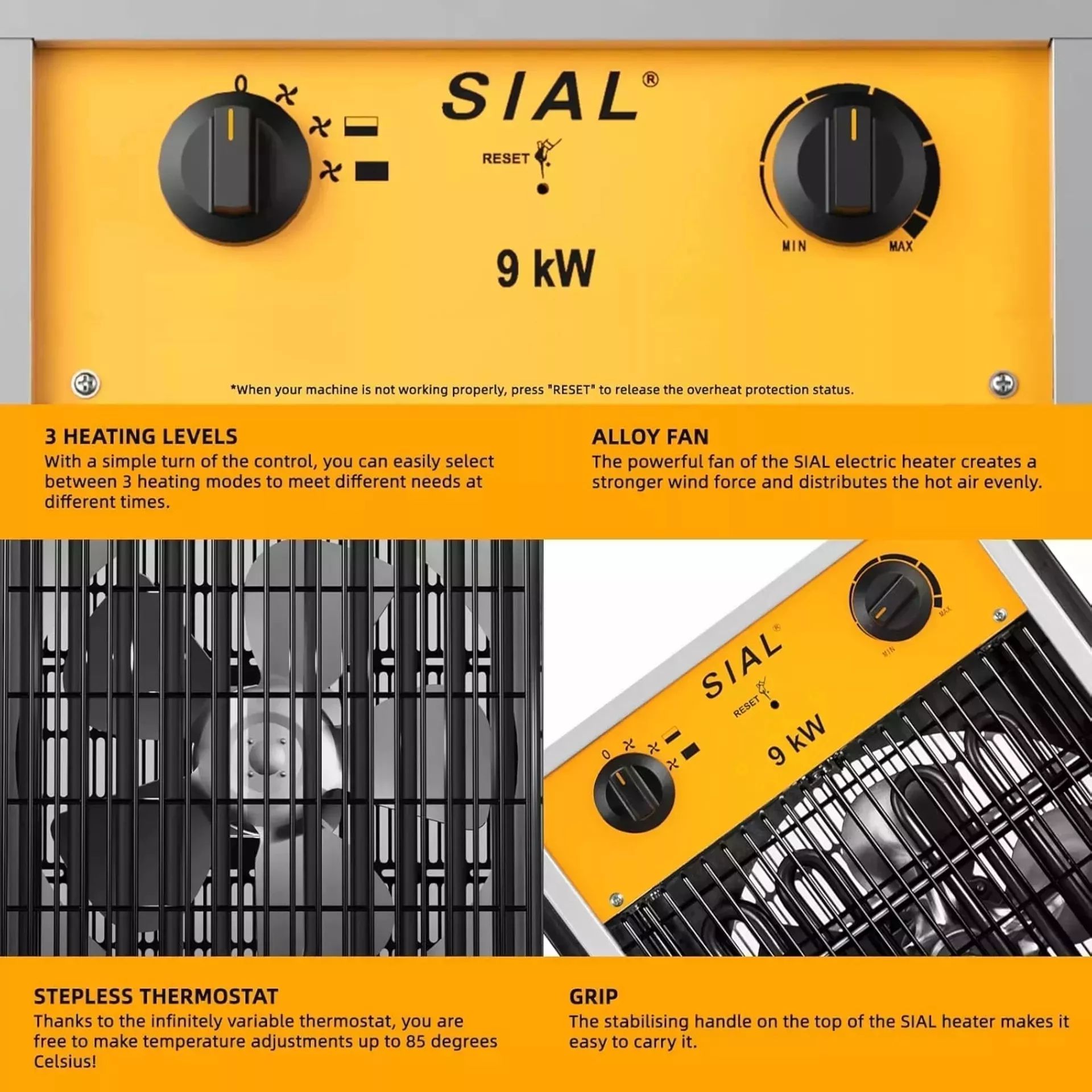 BOXED SIAL Industrial Electric Heater 9000W Fan Space Heaters 400V Adjustable Thermostat & - Image 4 of 5