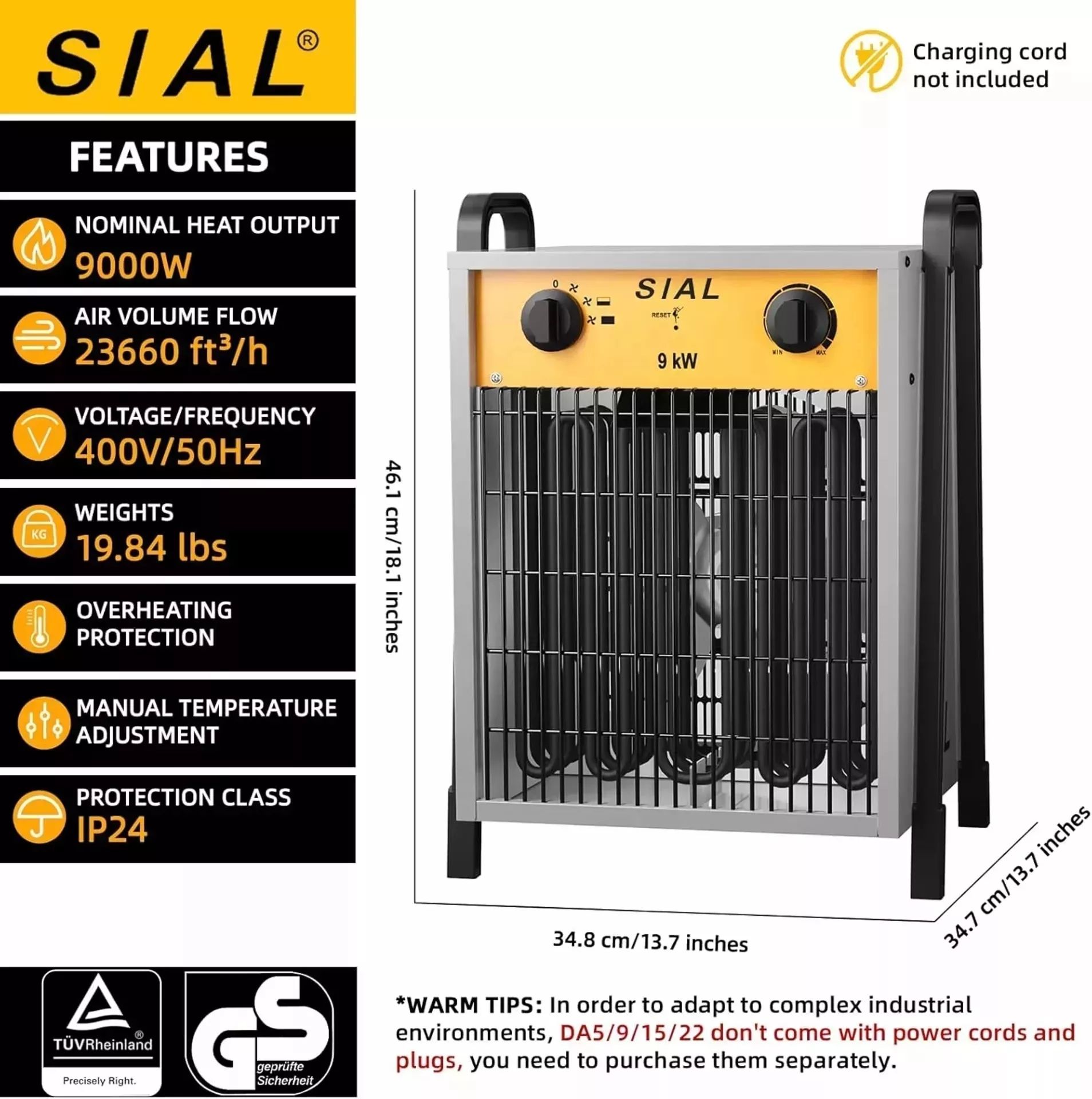 BOXED SIAL Industrial Electric Heater 9000W Fan Space Heaters 400V Adjustable Thermostat & - Image 3 of 5