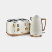 Boxed Fika Cream & Wood Kettle & 4 Slice Toaster Set-SR5(4.1)