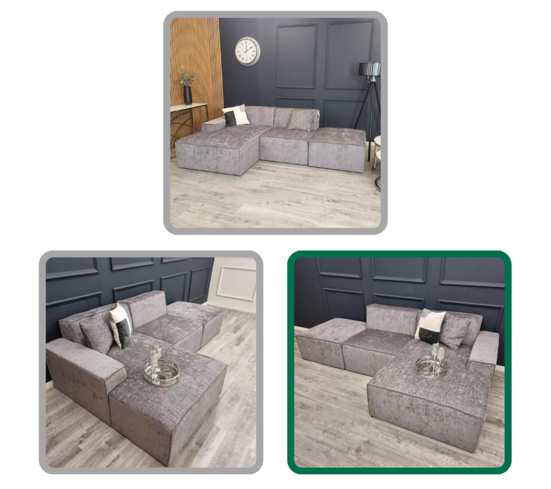 BRAND NEW LUXURY CHENILLE CORNER SOFAS LEFT AND RIGHT HAND DESIGNS. RRP £1499 EACH.