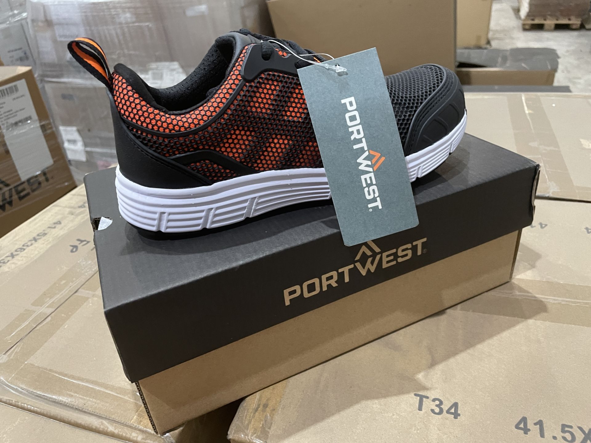 18 X BRAND NEW PAIRS OF PORTWEST BLACK AND ORABGE STEELITE TOVE PROFESSIONAL SAFETY TRAINERS SIZE - Image 2 of 2