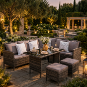 New & Boxed Luxury Corner Garden Dining Set – Grey Rattan Sofa Set with Table & Footstools.
