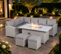 Brand New & Boxed Ivy Luxury 8 Seat Rattan Firepit Garden Set. RRP £2,199. Light Grey Beige. The Ivy