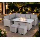 Brand New & Boxed Ivy Luxury 8 Seat Rattan Firepit Garden Set. RRP £2,199. Light Grey Beige. The Ivy