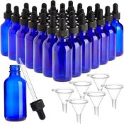 6 X NEW BOXED SETS OF 54 JUVALE MINI BLUE GLASS DROPPER BOTTLES AND FUNNELS - REFILLABLE. RRP £49.99