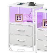 Boxed Bedside Table with Charging Function, Set of 2, Side Table with LED Lights, 2 Fabric Drawers &