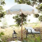 Boxed Gabriel Sage Green and White Striped Fringed Parasol with Tilt RRP £189.99. Our lovely fringed
