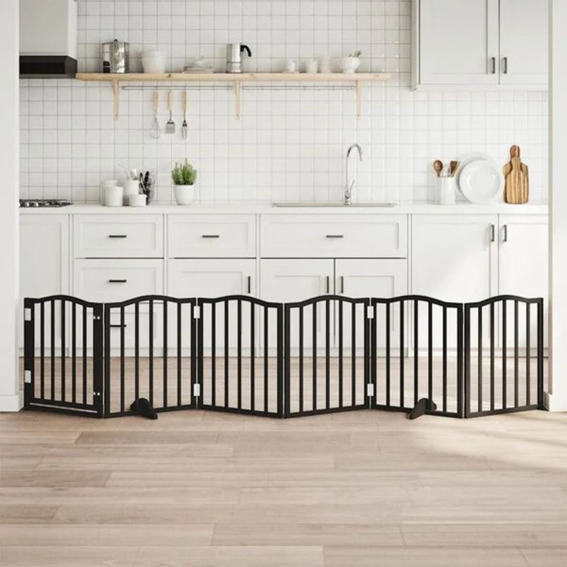 Boxed vidaXL Dog Gate with Door Foldable 6 Panels Black 300 cm Poplar Wood (LOC: SR6(2.6)-FL735)