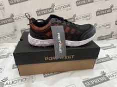 12 X BRAND NEW PAIRS OF PORTWEST TOVE WORK TRAINERS SIZE 6 ORANGE AND BLACK (LOC: 17.12-AA6442)