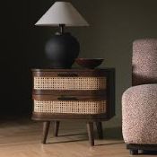 Boxed Izzy Curved Rattan 2-Drawer Bedside Table, Walnut RRP £249.99. A timeless classic with a