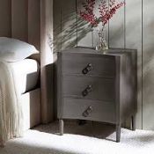 Boxed Thalia Concave 3 Drawer Bedside Table, Silver Oak RRP £329.99. Featuring distinctive curved