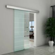 Boxed HOMCOM 90cm Sliding Glass Door with Hardware Track Kit, Frosted Tempered Glass with Stripe