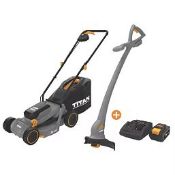 Titan 18V Li-Ion EXT Brushless Cordless Lawnmower & Grass Trimmer Set (LOC: SR1.2.8-LD108)
