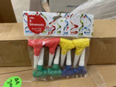 180 X BRAND NEW PACKS OF 8 ASSORTED PARTY BLOWERS (LOC: 19.15-AA401)