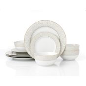 Boxed Waterside 12pc Premium Diamond & Gold Porcelain Dinner Set (LOC: SR6(7.3)-WO339)