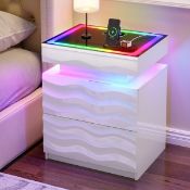 Boxed Motion Sensor RGB Light Bedside Table with Tempered Glass Top and Hidden Storage White (LOC: