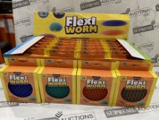 48 X BRAND NEW PLAYHUB FLEXI WORM PUNCH SQUASH AND SQUEEZE TOYS IN ASSORTED COLOURS IN DISPLAY UNITS
