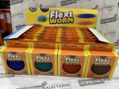 240 X BRAND NEW PLAYHUB FLEXI WORM PUNCH SQUASH AND SQUEEZE TOYS IN ASSORTED COLOURS IN DISPLAY