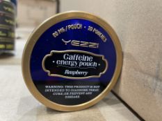 125 X BRAND NEW YEZZI TINS OF 20 POUCHES OF CAFFEINE ENERGY POUCHES (80 MG PER POUCH) RASPBERRY